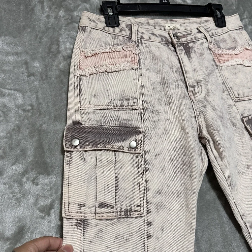 POL Cargo Pocket Pink Detail Light Acid Wash Jeans Womens Sz L Relaxed Fit Boho